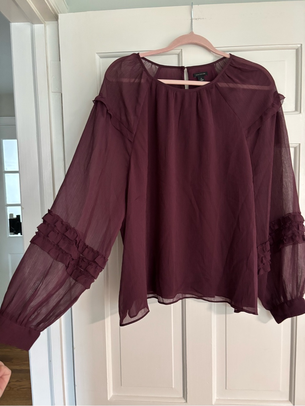Ann Taylor Sheer Ruffle Detail Long-Sleeve Blouse - Plum